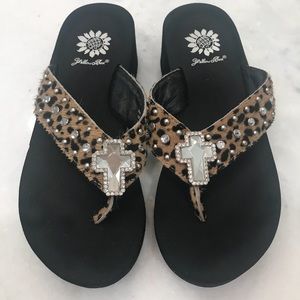 Yellow box wedge leopard cowhide flip flops